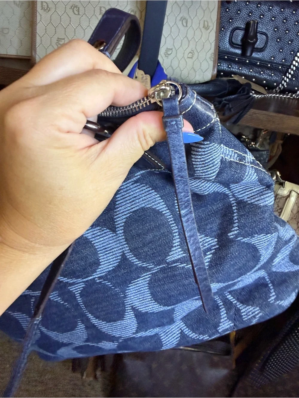 Coach Blue Signature Denim Tote with Buckle Pocket